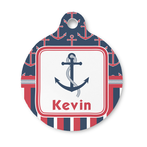 Custom Nautical Anchors & Stripes Round Pet ID Tag - Small (Personalized)