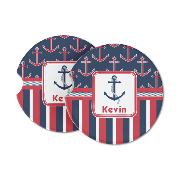 Custom Nautical Anchors & Stripes Sandstone Car Coasters - Set of 2 (Personalized)