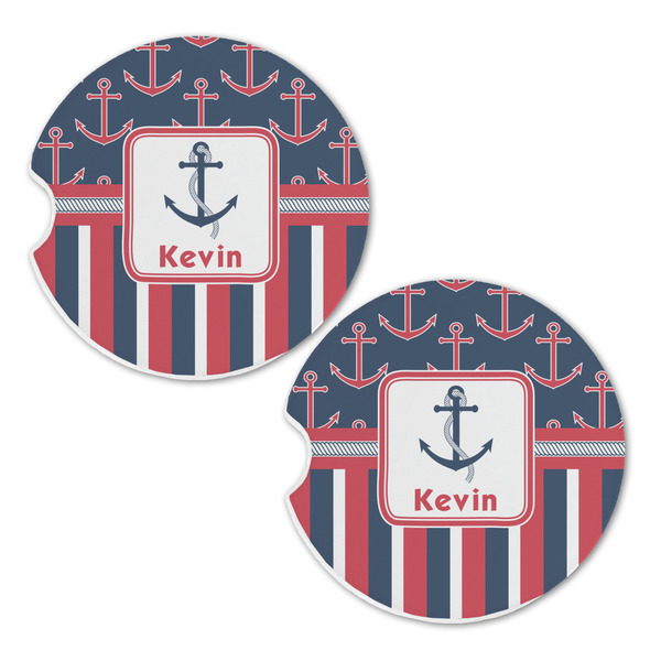 Nautical Anchors & Stripes Sandstone Car Coasters - Set of 2