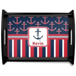 Nautical Anchors & Stripes Black Wooden Tray - Large (Personalized)