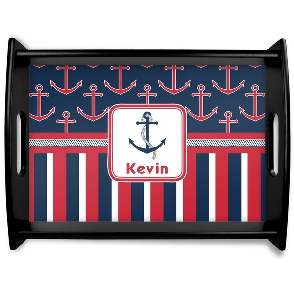 Custom Nautical Anchors & Stripes Black Wooden Tray - Large (Personalized)