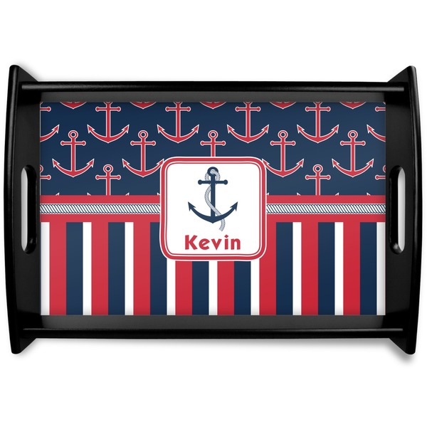 Custom Nautical Anchors & Stripes Black Wooden Tray - Small (Personalized)