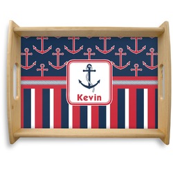 Nautical Anchors & Stripes Natural Wooden Tray - Large (Personalized)