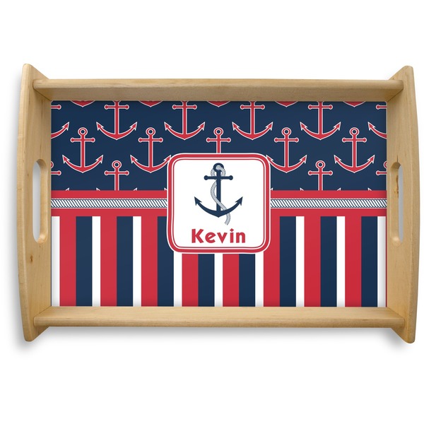 Custom Nautical Anchors & Stripes Natural Wooden Tray - Small (Personalized)