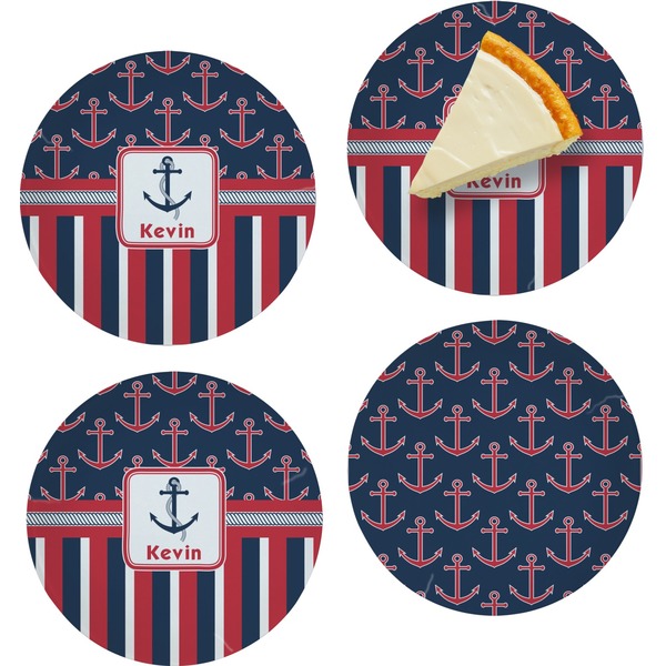 Custom Nautical Anchors & Stripes Set of 4 Glass Appetizer / Dessert Plate 8" (Personalized)