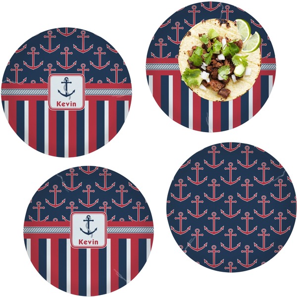 Custom Nautical Anchors & Stripes Set of 4 Glass Lunch / Dinner Plate 10" (Personalized)