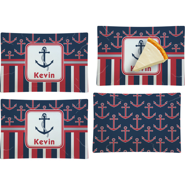 Custom Nautical Anchors & Stripes Set of 4 Glass Rectangular Appetizer / Dessert Plate (Personalized)