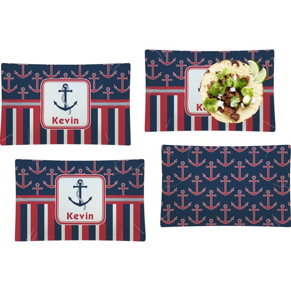 Custom Nautical Anchors & Stripes Set of 4 Glass Rectangular Lunch / Dinner Plate (Personalized)