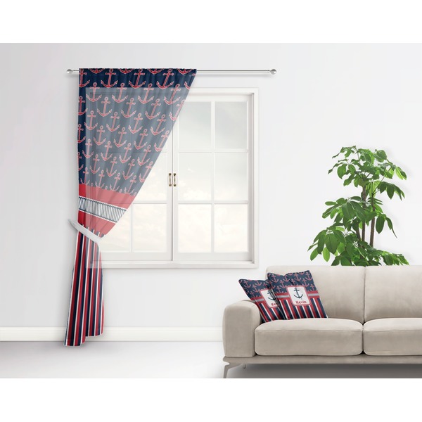 Nautical Anchors & Stripes Sheer Curtain With Window and Rod - in Room Matching Pillow