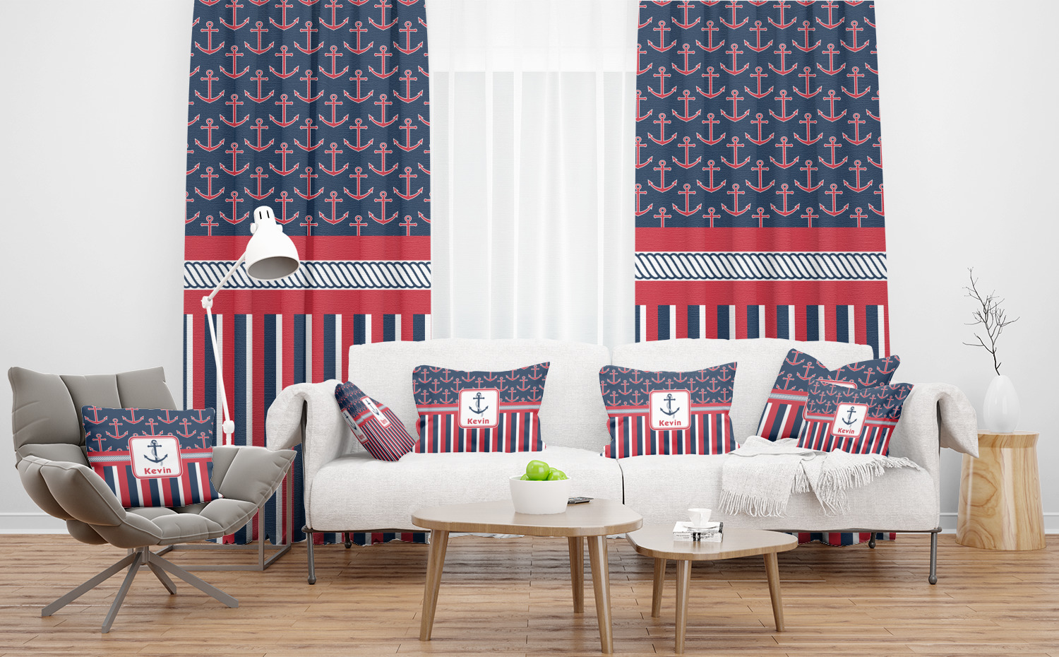 Nautical Anchors & Stripes Sheer Curtain (Personalized) YouCustomizeIt