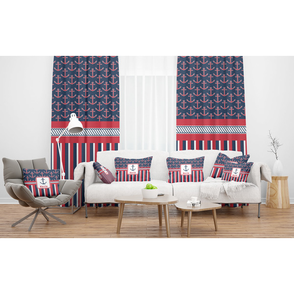 Nautical Anchors & Stripes Sheer and Custom Curtains in Room with Matching Pillows