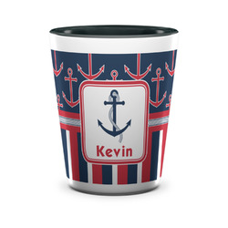 Nautical Anchors & Stripes Ceramic Shot Glass - 1.5 oz - Two Tone - Set of 4 (Personalized)