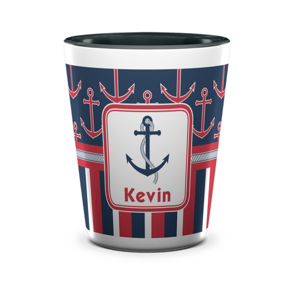 Custom Nautical Anchors & Stripes Ceramic Shot Glass - 1.5 oz - Two Tone - Set of 4 (Personalized)