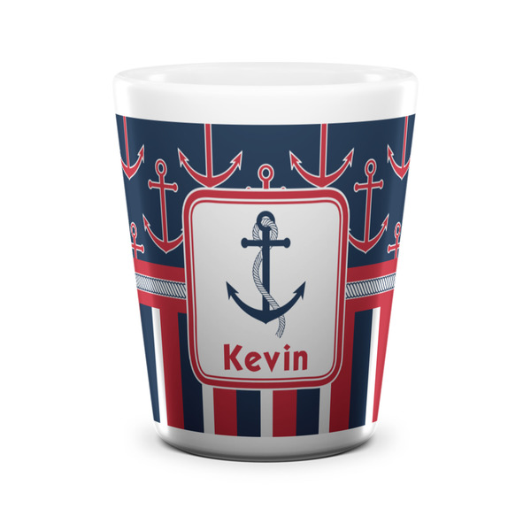 Custom Nautical Anchors & Stripes Ceramic Shot Glass - 1.5 oz - White - Set of 4 (Personalized)