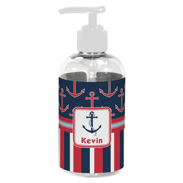Custom Nautical Anchors & Stripes Plastic Soap / Lotion Dispenser (8 oz - Small - White) (Personalized)