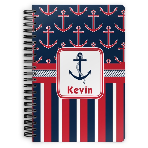 Custom Nautical Anchors & Stripes Spiral Notebook - 7x10 w/ Name or Text