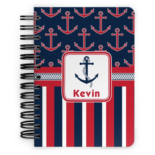 Custom Nautical Anchors & Stripes Spiral Notebook - 5x7 w/ Name or Text