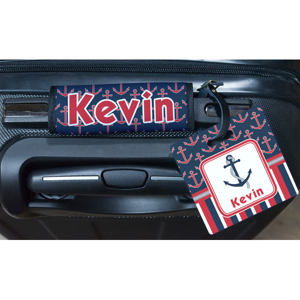Nautical Anchors & Stripes Square Luggage Tag & Handle Wrap - In Context