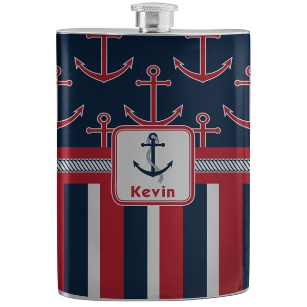 Custom Nautical Anchors & Stripes Stainless Steel Flask (Personalized)