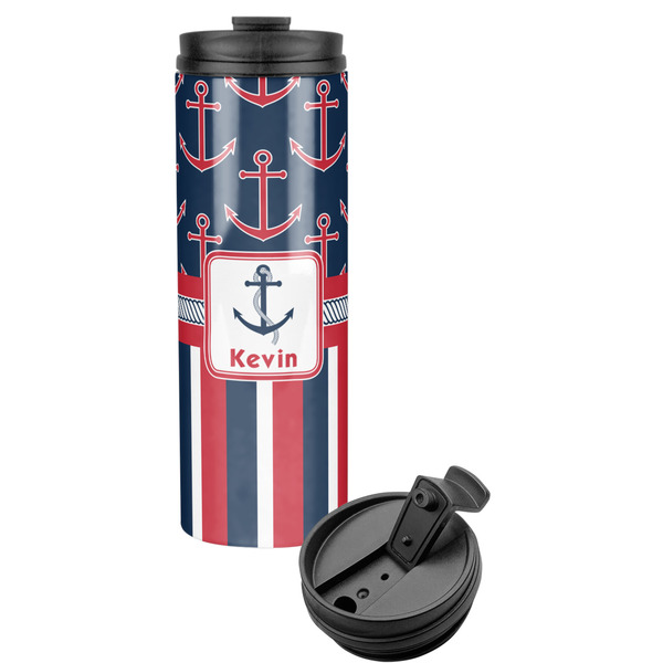Custom Nautical Anchors & Stripes Stainless Steel Skinny Tumbler (Personalized)
