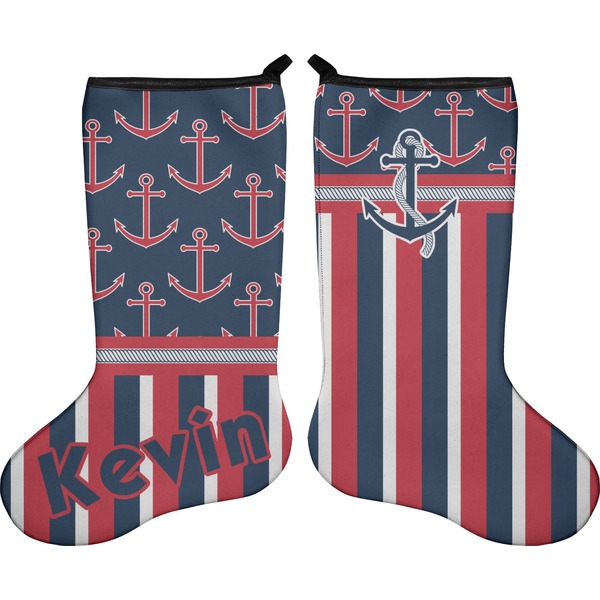 Custom Nautical Anchors & Stripes Holiday Stocking - Double-Sided - Neoprene (Personalized)