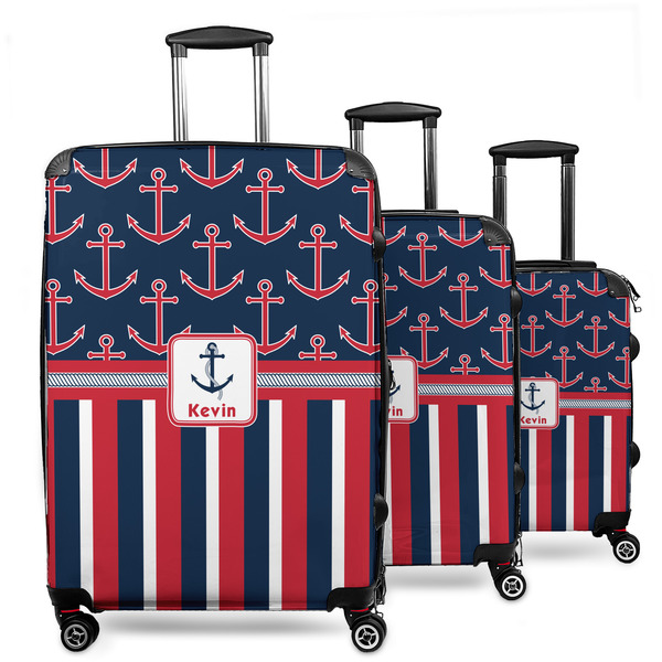 Custom Nautical Anchors & Stripes 3 Piece Luggage Set - 20" Carry On, 24" Medium Checked, 28" Large Checked (Personalized)