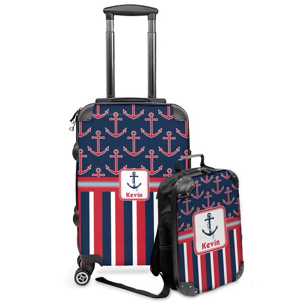 Custom Nautical Anchors & Stripes Kids 2-Piece Luggage Set - Suitcase & Backpack (Personalized)