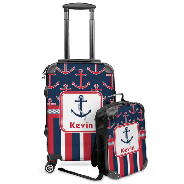 Custom Nautical Anchors & Stripes Kids 2-Piece Luggage Set - Suitcase & Backpack (Personalized)