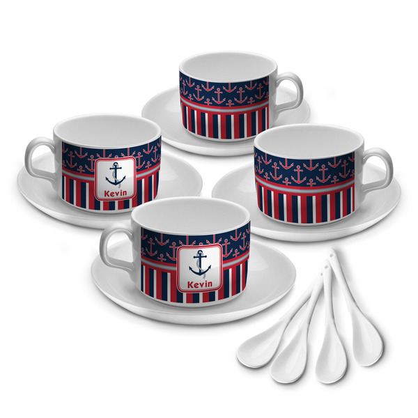 Custom Nautical Anchors & Stripes Tea Cup - Set of 4 (Personalized)
