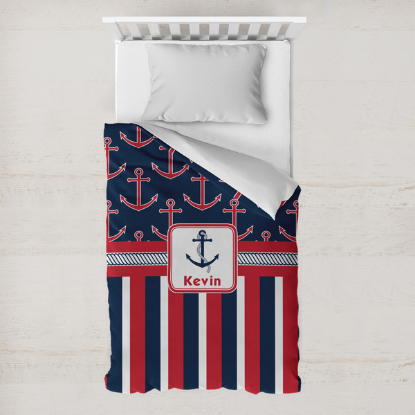 Custom Nautical Anchors & Stripes Toddler Duvet Cover w/ Name or Text