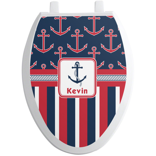 Custom Nautical Anchors & Stripes Toilet Seat Decal - Elongated (Personalized)