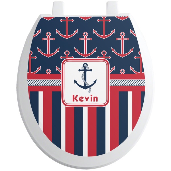 Custom Nautical Anchors & Stripes Toilet Seat Decal - Round (Personalized)
