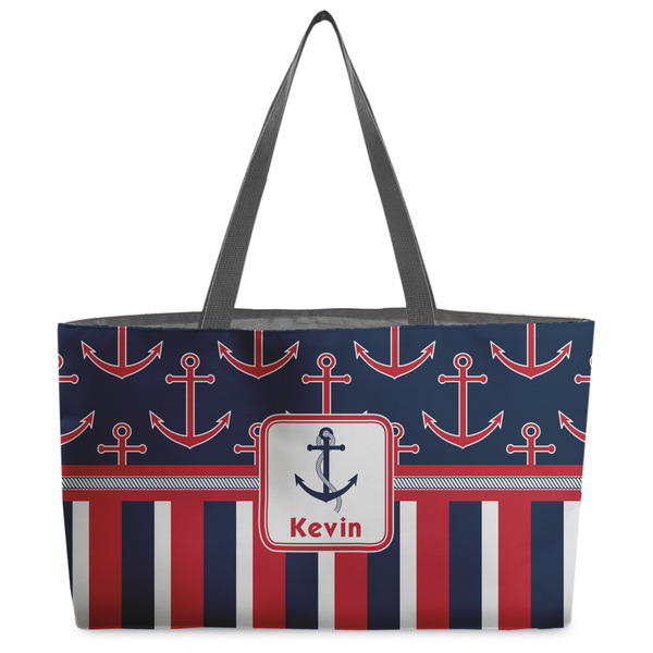Custom Nautical Anchors & Stripes Beach Totes Bag - w/ Black Handles (Personalized)