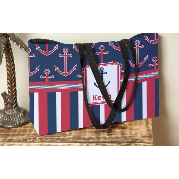 Nautical Anchors & Stripes Tote w/Black Handles - Lifestyle View