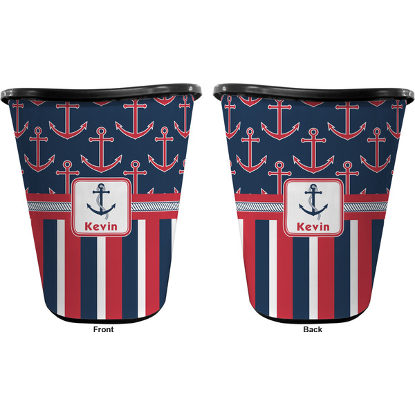 Nautical Anchors & Stripes Trash Can Black - Front and Back - Apvl