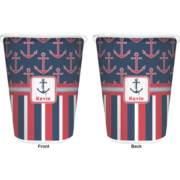 Nautical Anchors & Stripes Trash Can White - Front and Back - Apvl