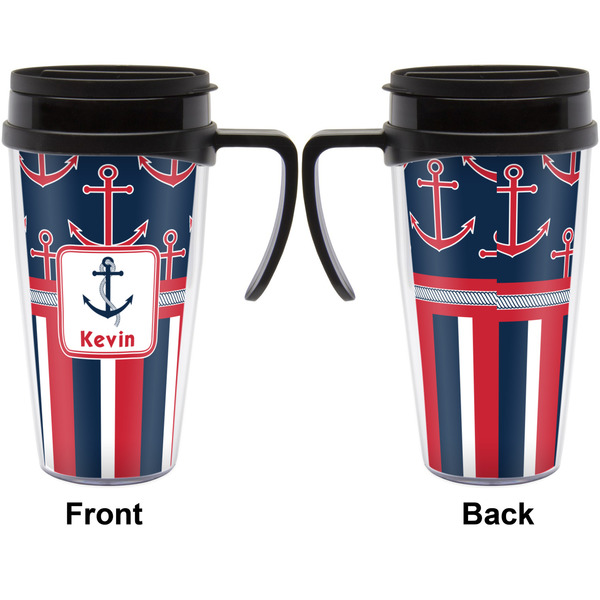 Nautical Anchors & Stripes Travel Mug with Black Handle - Approval