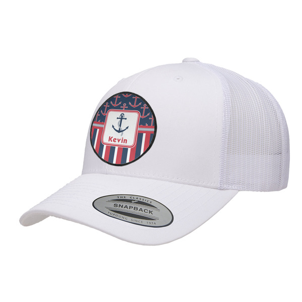 Custom Nautical Anchors & Stripes Trucker Hat - White (Personalized)