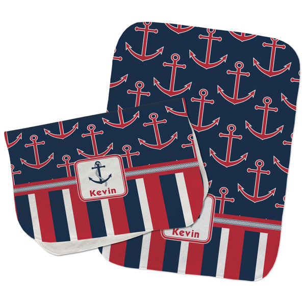 Custom Nautical Anchors & Stripes Burp Cloths - Fleece - Set of 2 w/ Name or Text