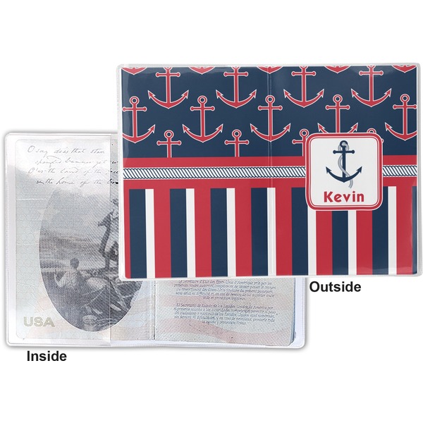 Nautical Anchors & Stripes Vinyl Passport Holder - Flat Front and Back
