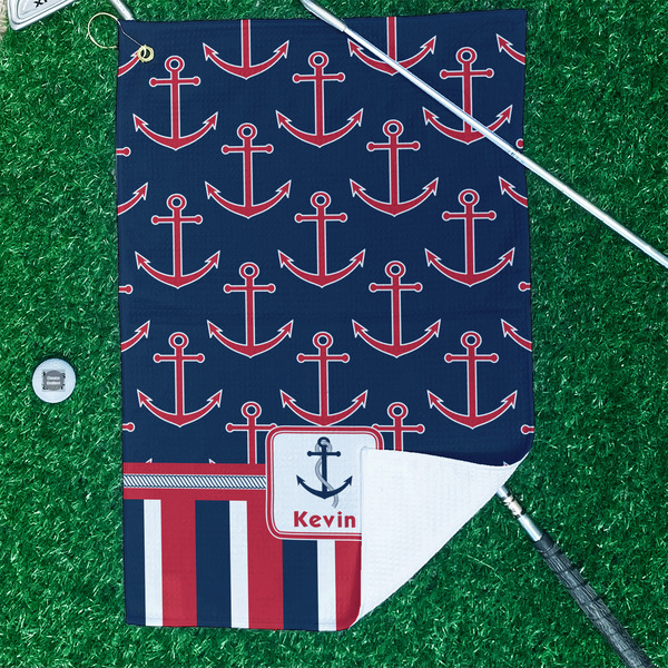 Nautical Anchors & Stripes Waffle Weave Golf Towel - In Context