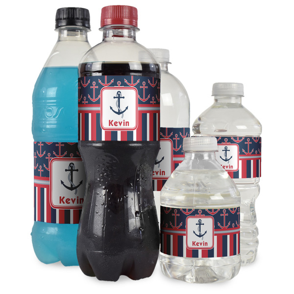 Nautical Anchors & Stripes Water Bottle Label - Multiple Bottle Sizes