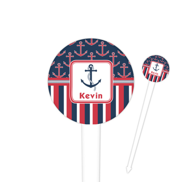 Custom Nautical Anchors & Stripes 4" Round Plastic Food Picks - White - Double Sided (Personalized)