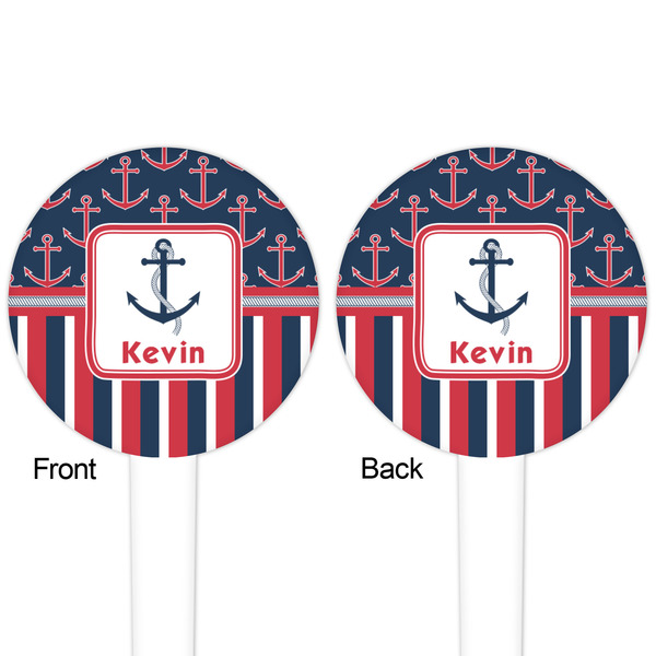 Nautical Anchors & Stripes White Plastic 4" Food Pick - Round - Double Sided - Front & Back