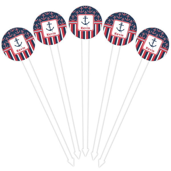 Nautical Anchors & Stripes White Plastic 4" Food Pick - Round - Fan View