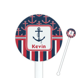 Nautical Anchors & Stripes 5.5" Round Plastic Stir Sticks - White - Double Sided (Personalized)