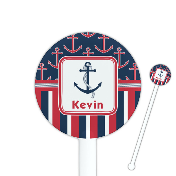 Custom Nautical Anchors & Stripes 5.5" Round Plastic Stir Sticks - White - Single Sided (Personalized)