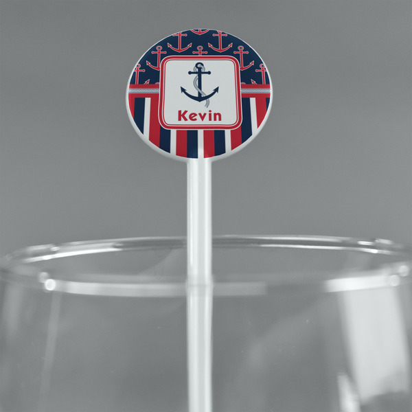 Nautical Anchors & Stripes White Plastic 5.5" Stir Stick - Round - Main
