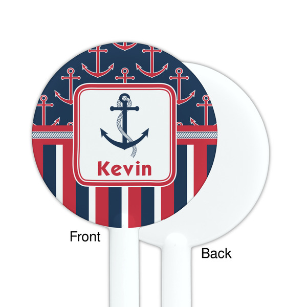 Nautical Anchors & Stripes White Plastic 5.5" Stir Stick - Single Sided - Round - Front & Back