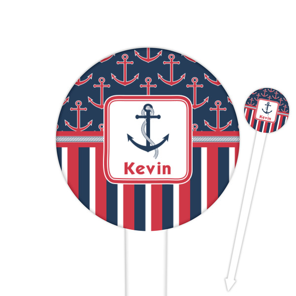 Custom Nautical Anchors & Stripes 6" Round Plastic Food Picks - White - Double Sided (Personalized)